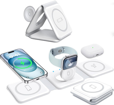 Cokoeye 3 in 1 Fold Wireless Charger MagSafe for iPhone 16 to 12 Series/AirPods/iwatch Charging Pad