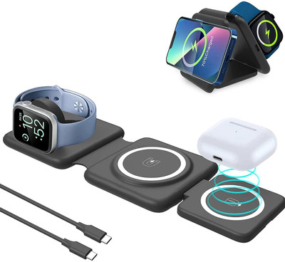 Ezerio 3 in 1 Magnetic Foldable Super Fast Wireless Charger Compatible for iPhone SEM Charging Pad
