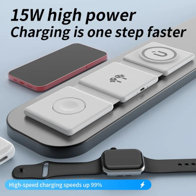 BAWALY 3-in-1 Fast Wireless Magnetic Foldable Charging Station Compatible with i-Phone Charging Pad