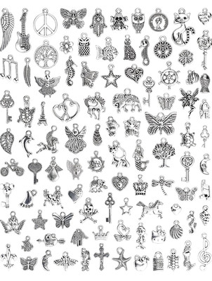 Rinkis craft Bulk Lots Jewelry Making Silver Charms Mixed Smooth Tibetan Silver Metal Charms Alloy Charm Set(Pack of 100)