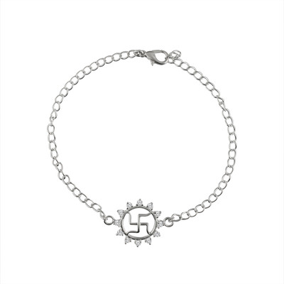 Gem O Sparkle Radiant Serenity Silver Plating Round OM Design Rakhi with Sun Rays Brass Link Charm