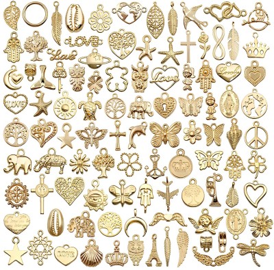 HASTHIP 100pcs Gold Alloy Charms for Jewellery Making Pendants Bulk Lots Antique Mixed Alloy, Metal Charm Set(Pack of 100)