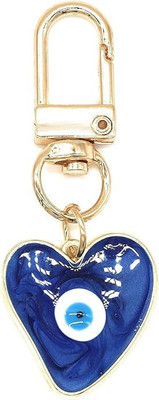 Questsole Blue Evil Eye Heart Bag Charm Gold Keychain for Men & Women Metal Beaded Dangling Charm