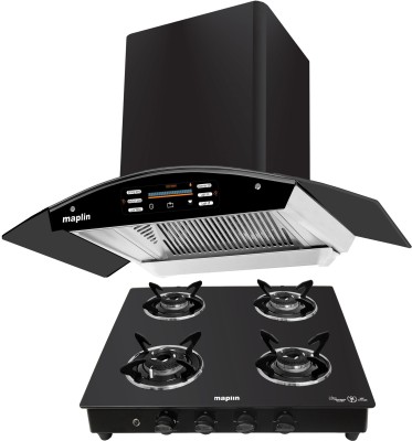 Maplin Combo of 4 Burner (SC04)Auto Ignition LPG Cooktop and SS75 Voice control 75cm Auto Clean Wall Mounted Black 1400 CMH Chimney