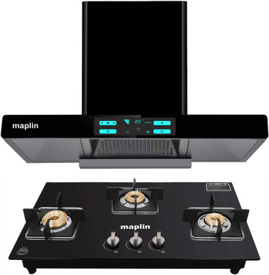 Maplin Combo of Kitchen Chimney T01 + 3 Burner Gas Cooktop GH03 Auto Clean Wall Mounted Black 1400 CMH Chimney