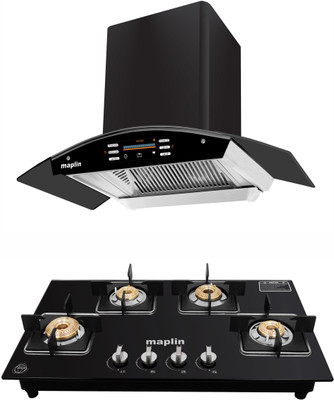 Maplin Combo of 4 Burner (GH04)Auto Ignition LPG Cooktop and SS75 Voice control Auto Clean Wall Mounted Black 1400 CMH Chimney