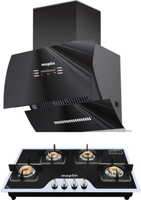 Maplin Combo of Auto Ignition Gas Cooktop GH04 Prima and VC90 (90cm) Auto Clean Wall Mounted Black 1400 CMH Chimney