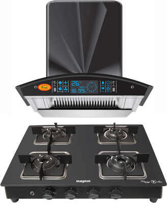 Maplin Combo of Auto Ignition Gas Cooktop Surya04 and Surya SS60 (60cm) Auto Clean Wall Mounted Black 1400 CMH Chimney