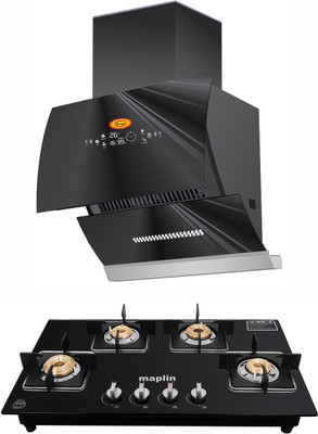 Maplin Combo of 4 Burner Auto Ignition Gas Cooktop (GH04)and GO60 (2 Feet) Auto Clean Wall Mounted Black 1400 CMH Chimney