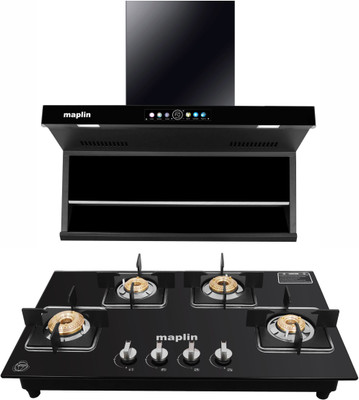 Maplin Combo of Kitchen Chimney T05 Long + 4 Burner Gas Cooktop GH04 Black Auto Clean Wall Mounted Black 1400 CMH Chimney