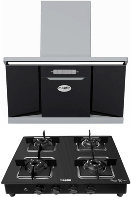 Maplin Combo of Auto Ignition Gas Cooktop SS4B and W90 (90cm) Auto Clean Wall Mounted Black 1400 CMH Chimney