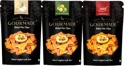 Gourmade Pita Chips Snacking Combo Chipotle, Roasted Garlic,Olive & Herbs (Pack of 3) Chips(3 x 125 g)