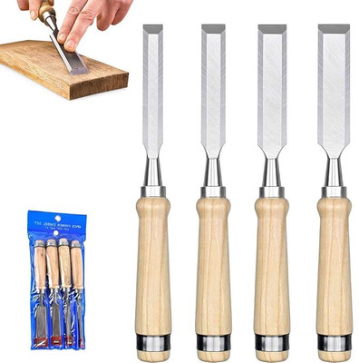 HASTHIP 4pcs Wood Craft Chisel Set Multi Sizes Bevel Edge Wooden Handle Steel Tools Combination Chisel Set(Pack of 4)