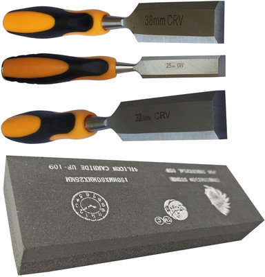DUMDAAR Heavy duty Wood carving size 25mm 32mm & 38mm with Sharpener Stone Bevel Chisel Set(Pack of 4)