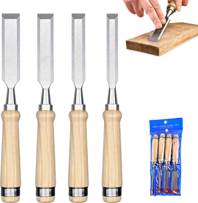 SERPLEX 4pcs Wood Craft Chisel Set Multi Sizes Bevel Edge Wooden Handle Steel Tools Combination Chisel Set(Pack of 4)