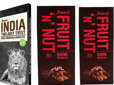 Amul India Single Origin Milk Chocolate & Fruit N Nut Dark Chocolate Bar Bars(3 x 141.67 g)