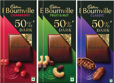 Cadbury Bournville 2 x Rich Cocoa 75g, 2 x Fruit & Nut 75g, 2 x Cranberry 78g Chocolate Bars(6 x 76 g)