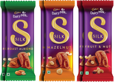 Cadbury Dairy Milk Silk Roast Almond 58gx2,Hazelnut 58gx2,Fruit & Nut 51g x 2 Chocolate Bars(6 x 55.67 g)