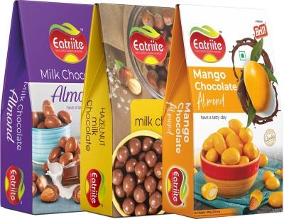 Eatriite Pack of 3 Milk, Mango Chocolate Almonds & Milk-Chocolate Coated Hazelnuts 600g Bites(3 x 200 g)