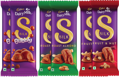 Cadbury Dairy Milk Silk (2x Bubbly46g, 2x Roast Almond52g, 2x Fruit & Nut51g) Chocolate Bars(6 x 49.67 g)