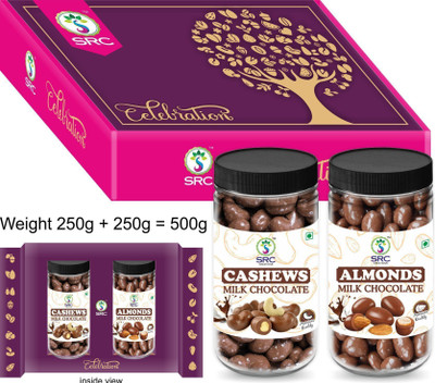 SRC Creations Celebration Flavoured Gift Pack | Chocolate coated Chashews and Almonds Caramels(2 x 250 g)