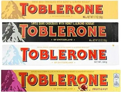 Toblerone Combo Chocolate Pack of 4 (1-Milk + 1-White + 1-Dark + 1-Fruit & Nut) Chocolate Bar Each 100g Bars(4 x 100 g) Toblerone Combo Chocolate Pack of 4 (1-Milk + 1-White + 1-Dark + 1-Fruit & Nut) Chocolate Bar Each 100g Bars(4 x 100 g)