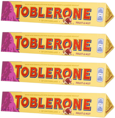 Toblerone FRUIT & NUT (4 x 100 gm.) SWISS MILK CHOCOLATE WITH RAISINS,HONEY & ALMOND Bars(4 x 100 g)