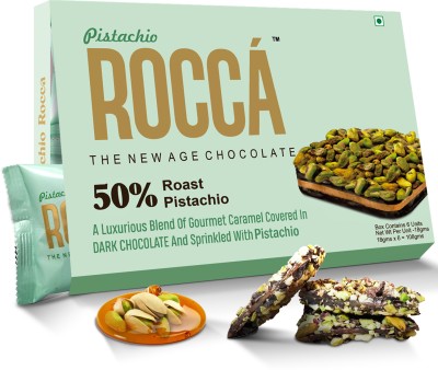 Rocca 108 Gram Gourmet Caramel Covered in Dark Chocolate with Roasted Pistachio Brittles(6 x 18 g)