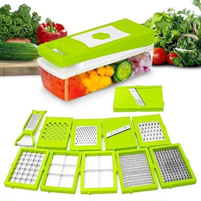 anjil by ANJIL Vegetable and Fruit Chopper Cutter Grater Vegetable & Fruit Slicer New 12 In 1 Vegetable & Fruit Grater & Slicer(10 BLAD, 1 CONTAINER WITH CAP, 1 PEELER)