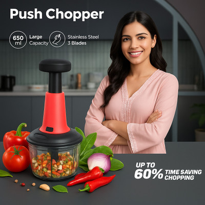 Okara by OKARA Kitchenware 2-in-1 push chopper 650 ml Stainless Steel Blade Fruit Vegetable Chopper Vegetable & Fruit Chopper(1 × Stainless Steel Blade Assembly (3 Blades), 1 × Push Chopper Jar (Main Body))