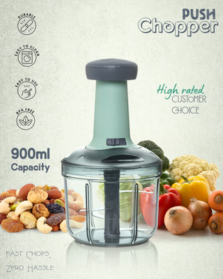 OFFYX Big size hand push 900 ML with 4 Stainless Steel Blades Vegetable & Fruit Chopper(1 Bowl with LID, 1 cutter 4X Blade, 1 Handle)