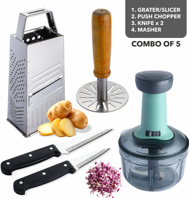 OFFYX Kitchen Tools & Cutting combo Vegetable & Fruit Chopper(650ml Chopper, Masher with wooden handle, 5 IN 1 Grater And Slicer, 2 Knife)
