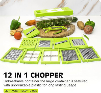 MAK BROTHERS by ANJIL Vegetable and Fruit Chopper Cutter Grater Vegetable & Fruit Slicer New 12 In 1 Vegetable & Fruit Grater & Slicer(10 BLAD, 1 CONTAINER WITH CAP, 1 PEELER)