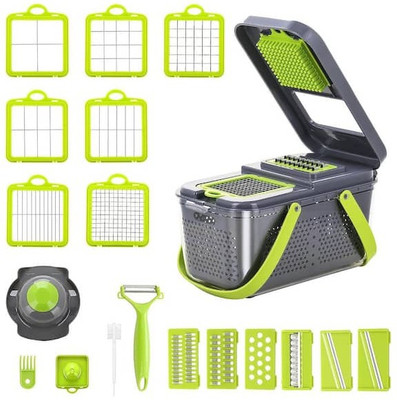 BBVenterprise by BBVenterprise Multi-Functional 22-in-1 Vegetable & Fruit Cutter with Container Vegetable & Fruit Chopper(Cutter Container with Handle, Interchangeable Stainless Steel Blades, Safety Holder)