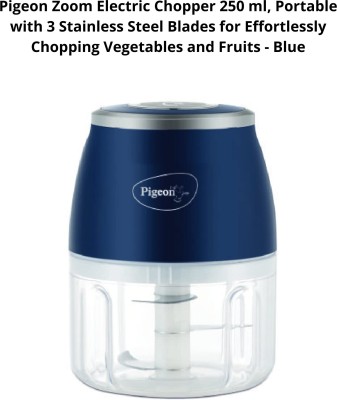 Pigeon Zoom 250 ml Portable, 3 Stainless Steel Blades (Blue) Vegetable Chopper(User Manual, Data Cable, Electric Chopper 250 ml (blue))