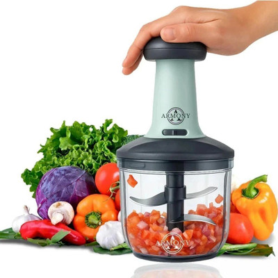 Armony Hand Push 650ML with 3 Stainless Steel Blades Vegetable & Fruit Chopper(1 Bowl with LID, 1 cutter 4X Blade, 1 Handle)