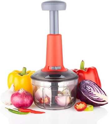 UPTRONIC Manual Push Chopper 900ml Steel Blade Hand Press Vegetables Chopper Vegetable & Fruit Chopper(1 Bowl with LID, 1 cutter 3X Blade, 1 Handle)