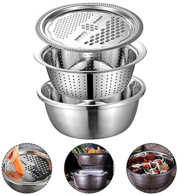GORMERY 3 in 1 Kitchen Multipurpose 11 Inch Silver Stainless Steel Drain Basket Vegetable & Fruit Grater(1)