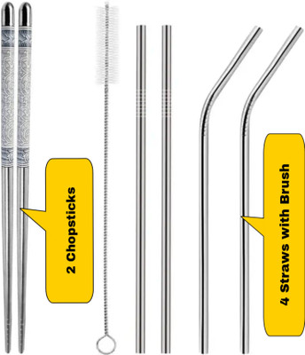kayru Stainless Steel Combo of Japanese Chopsticks and Drinking Straw Kitchen Tool Set(Silver, Brush)