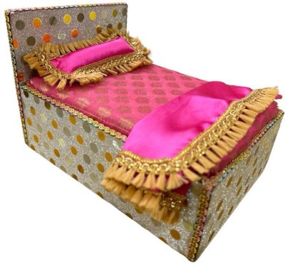 One Click Bed for Laddu Gopal Ji Beautiful Mattress 1Large Pillow 1Night Cover Sheet Wooden Pooja Chowki(Pink, Pack of 1)