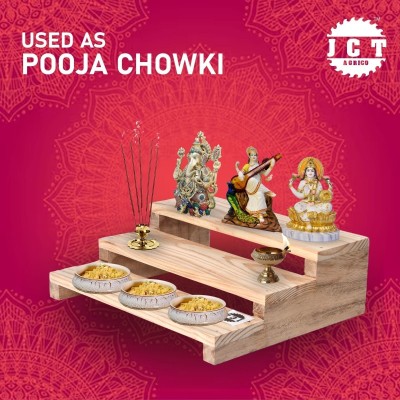 JCT AGRICO 3 step mini natural wooden pooja chowki(natural beautiful design) hard wood legs Wooden All Purpose Chowki(Beige, Pack of 1)