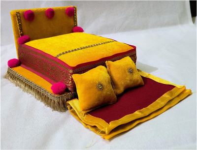 R D Handicraft Thakur ji Singhasan, Laddu Gopal ji Singhasan with Blanket Silk All Purpose Chowki(Yellow, Pack of 1)
