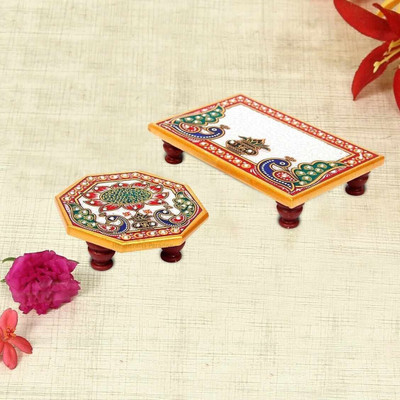 RUSHVILLE Marble Puja Chowki For Mandir 6X4 Inch And 4X4 Inch, 2 Piece… Marble All Purpose Chowki(Beige, Pack of 2)