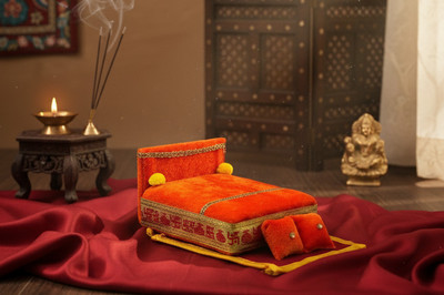 R D Handicraft Thakur ji Bed, Laddu Gopal ji Bed, Bal Gopal ji Bed With Blanket Silk All Purpose Chowki(Orange, Pack of 1)