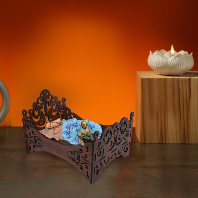 TrendyHouse Premium wooden bed with carved patterns designed for Kanha Ji/Gopal Ji Wooden Pooja Chowki(Brown, Orange, Pack of 1)