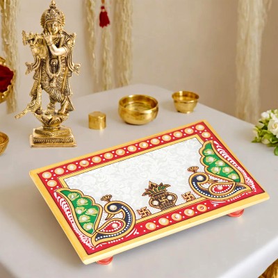 RUSHVILLE Marble Puja Chowki In Marble With Peacock Design 4 X 6 Inch… Marble All Purpose Chowki(Beige, Pack of 1)