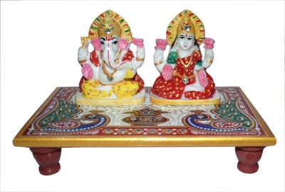 Jyesh Jewel Laxmi Ganesh Idol Murti Marble Chowki Multicolor Peacock Pattern Puja 6X4 INCH Marble Pooja Chowki(Multicolor, Pack of 1)