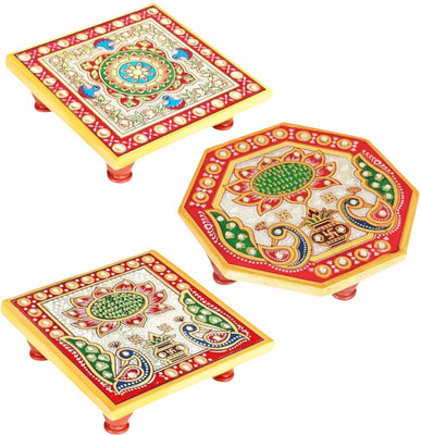 Earth joy Small Pata Marble Puja Chowki Stool for Home, Temple Patla, Manai Palagai, Marble Pooja Chowki(Gold, Pack of 1)