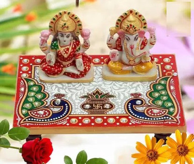 Aaina creations Laxmi Ganesha Chowki Idol Maa Devi Lakshmi Ganesh Murti Statue for Home Office Marble Pooja Chowki(Multicolor, Pack of 1)