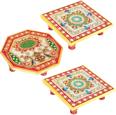 Earth joy Small Marble Puja Chowki Stool for Home, Temple Patla, Manai Palagai, Marble Pooja Chowki(Gold, Pack of 3)
